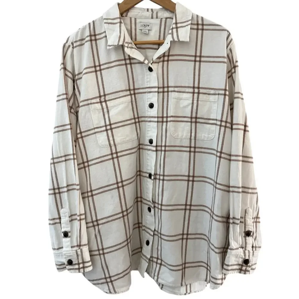 J. Crew Plus Neutral Plaid Flannel Shirt Jacket Cream‎ Brown Size XXL